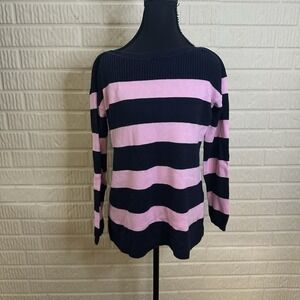 Talbots‎ Navy Blue & Pink Stripped Slim Fit Boat Neck Sweater Tight Knit Sz S